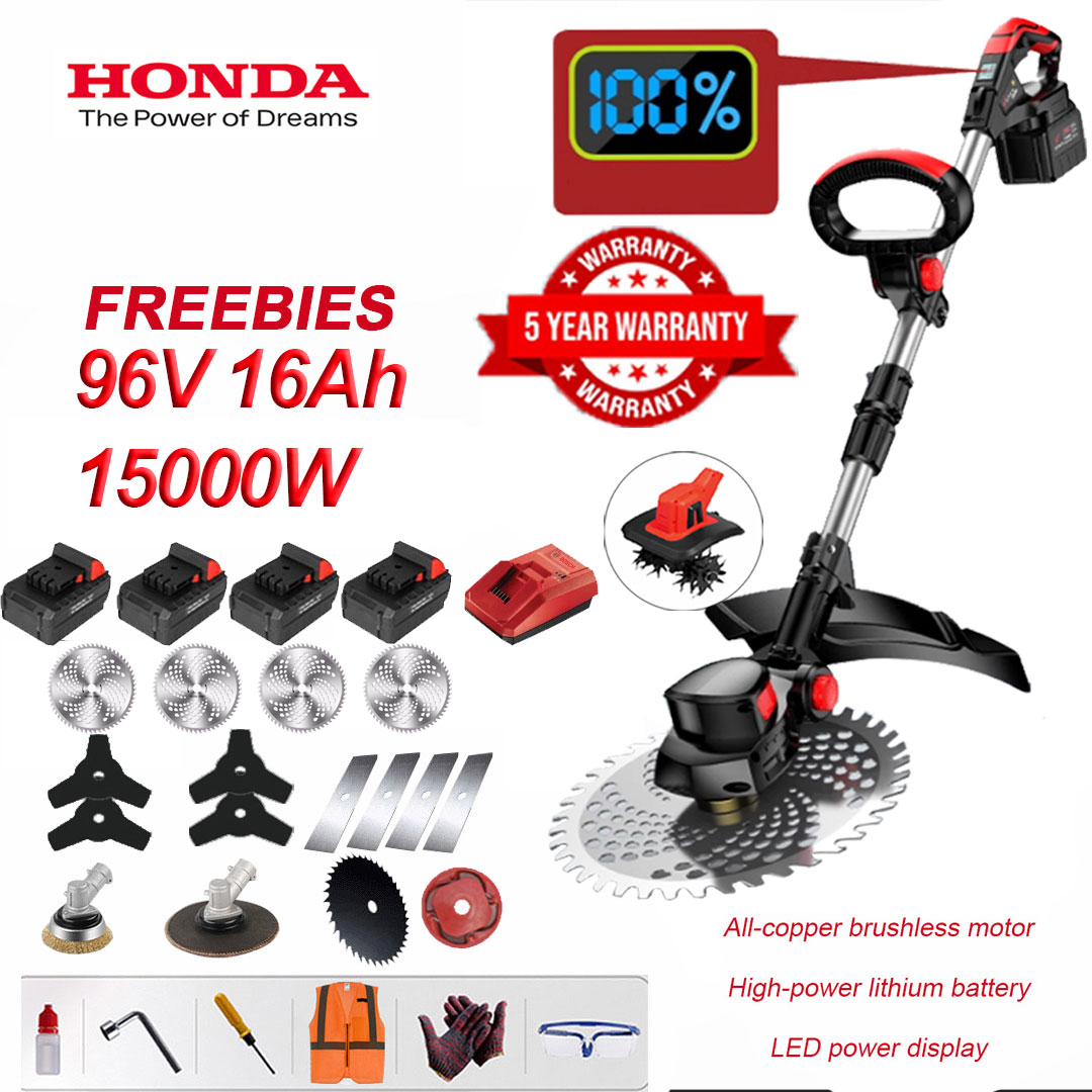 Corta-relva sem escovas de 15000 W + carregador rápido * 1 + bateria de lítio 96V 16Ah * 3 + relha de arado * 1 + cabeça de remoção de ervas daninhas * 1 + cabeça de estripador * 1 cabeça de polimento * 1 + ferramenta de polimento de lâminas * 1 + lâmina de serra circular * 4 + Lâmina triangular * 4 + Lâmina de serra quadrada * 4 + Lâmina de serra de aço duro * 1 + Bolsa de armazenamento de ferramentas * 1